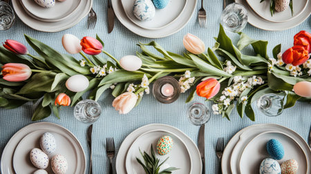 A beautiful Easter table setting featuring an arrangement of colorful tulips, decorative eggs, and elegant glassware, perfect for seasonal celebrations.の素材