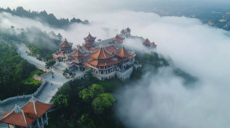 Captivating aerial view of a serene temple nestled above a misty landscape, surrounded by lush greenery, evoking a sense of tranquility and wonder.の素材