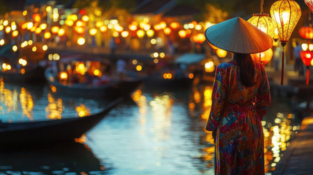 A serene scene capturing a woman in traditional attire, gazing over a tranquil river illuminated by colorful lanterns during dusk, showcasing vibrant culture and beauty.の素材