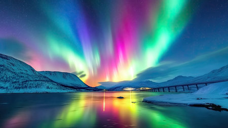 Experience the breathtaking beauty of northern lights illuminating the winter sky, reflected on serene waters with majestic mountains in the background.の素材