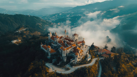 An aerial view of a majestic castle nestled in the mountains, enveloped by mist and surrounded by lush greenery. A tranquil and serene landscape awaits.の素材