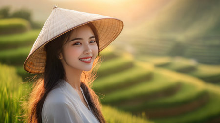 A joyful woman wearing a traditional hat smiles amidst lush rice fields at sunset, capturing the essence of peace and natural beauty in a serene landscape.の素材
