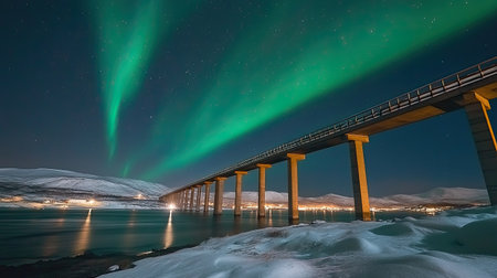 A breathtaking view of the northern lights illuminating a bridge at night. Snow covers the ground, while reflections shimmer on the water below.の素材