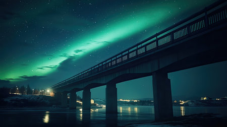 A captivating scene of the northern lights illuminating a bridge under a starry night sky. Ideal for nature lovers and travel enthusiasts.の素材