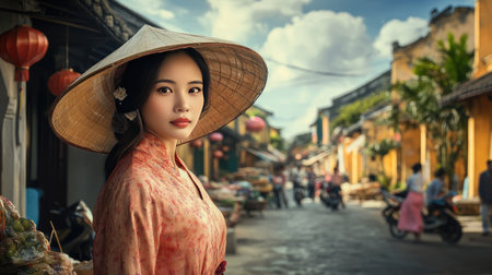 A stunning portrait of a woman wearing a traditional hat, captured in a vibrant market setting. The scene reflects cultural heritage and scenic beauty.の素材