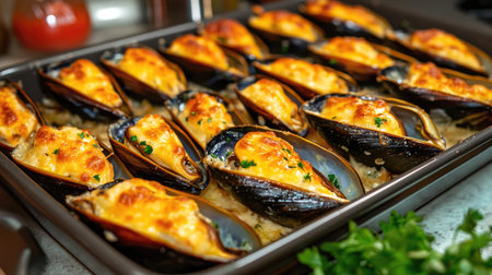A vibrant serving of baked mussels topped with cheese and herbs. Perfect for a delightful appetizer or main dish, showcasing delicious flavors and textures.の素材