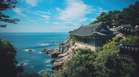 A stunning coastal scene featuring traditional architecture nestled among lush greenery, overlooking the tranquil sea and clear blue sky, perfect for travel inspiration.の素材