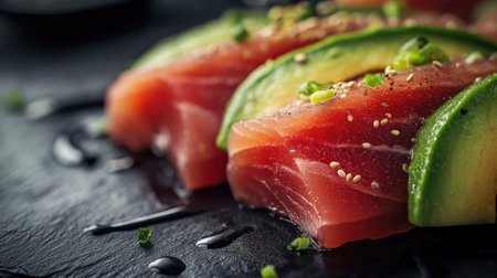 Close-up of fresh sushi featuring tender fish slices and creamy avocado, elegantly presented on a dark slate plate, showcasing vibrant colors and rich textures.の素材