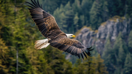 A majestic eagle soars gracefully through a forest landscape, capturing the essence of wildlife and nature's beauty in this stunning aerial view.の素材