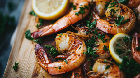 A vibrant showcase of grilled shrimp garnished with lemon and parsley. Perfect for a summer feast, this dish promises a fresh and flavorful experience.の素材