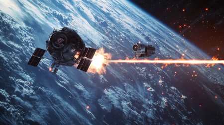 A stunning visual of spacecraft engaged in intense laser combat above Earth. The vibrant colors and dynamic action capture the essence of space exploration and science fiction.の素材