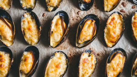 A vibrant display of baked mussels topped with melted cheese, perfect for appetizers or main dishes. The golden crust invites flavors of the sea.の素材