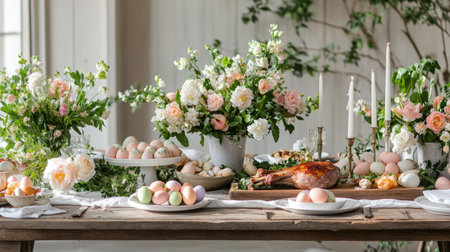 A beautifully arranged spring table featuring elegant flowers and pastel-colored eggs, perfect for celebrations, gatherings, or holiday events.の素材