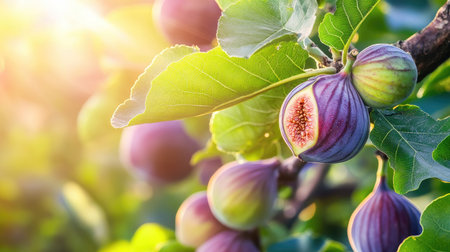 Fresh figs hang from a tree branch, basking in bright sunlight. This image captures the beauty of ripe fruit, emphasizing its colors and textures in a natural setting.の素材