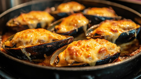 Indulge in these delicious baked mussels topped with melted cheese, perfect for any seafood lover. A savory dish sure to delight at any gathering.の素材