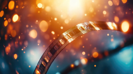 A captivating film strip illuminated by a warm glow and bokeh lights, perfect for themes of cinema, creativity, and artistic expression in photography.の素材