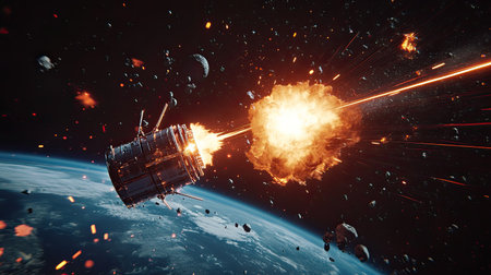 A striking depiction of a spacecraft in battle, showcasing an intense explosion amidst a field of asteroids, capturing the drama of cosmic conflict.の素材