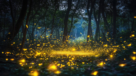 Experience the magic of an enchanted forest at dusk, illuminated by glowing fireflies dancing among the trees, creating a serene and captivating atmosphere.の素材