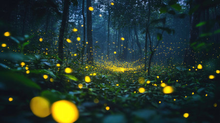 A captivating scene of glowing fireflies illuminating a forest path. The enchanting atmosphere creates a tranquil escape into nature's beauty at night.の素材