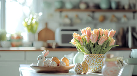 A charming kitchen scene featuring a vibrant bouquet of tulips beside decorative Easter eggs, creating a warm and festive atmosphere for spring celebrations.の素材