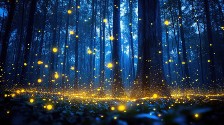 A serene forest scene captures glowing lights twinkling among tall trees at dusk, creating an enchanting atmosphere filled with tranquility and beauty.の素材