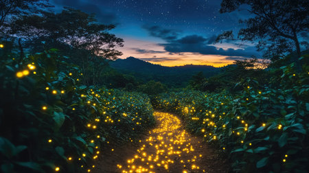 A mesmerizing view of a winding path illuminated by fireflies, surrounded by lush greenery under a stunning twilight sky filled with stars.の素材