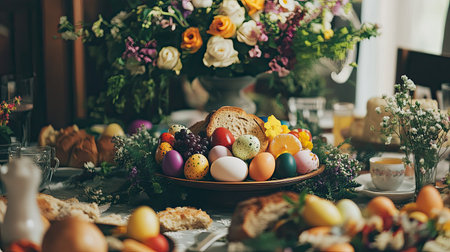 A beautifully arranged Easter table featuring colorful eggs, fresh flowers, and various foods. Perfect for spring celebrations and festive gatherings.の素材