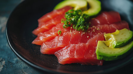 A beautifully arranged plate of fresh sliced tuna garnished with avocado, capturing a vibrant, healthy meal perfect for culinary enthusiasts and food lovers.の素材