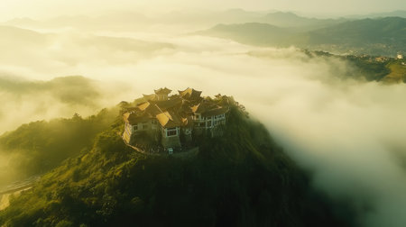 An aerial view of a stunning mountain retreat surrounded by soft clouds at sunrise, showcasing the beauty of nature and tranquility in a remote setting.の素材