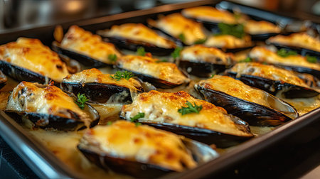 A close-up view of delicious baked mussels topped with cheese, garnished with fresh herbs. Perfect for a gourmet seafood dish or appetizer.の素材