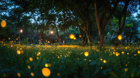 A serene evening scene showcasing glowing fireflies illuminating a lush park, surrounded by trees and grass. A magical moment in nature.の素材