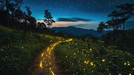 A serene night scene featuring a glowing pathway created by fireflies, surrounded by lush greenery and stars in the tranquil sky. Perfect for nature lovers.の素材