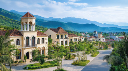 A picturesque scene showcasing luxurious buildings surrounded by lush greenery and majestic mountains under a bright blue sky. Ideal for travel and real estate themes.の素材