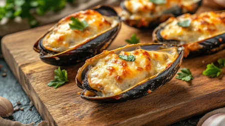 Indulge in this delightful dish of baked shellfish topped with cheese and herbs, served on a rustic wooden board for a gourmet presentation.の素材