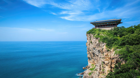 A picturesque cliffside temple perched above calm ocean waters, surrounded by lush greenery. This stunning landscape captures tranquility and natural beauty.の素材