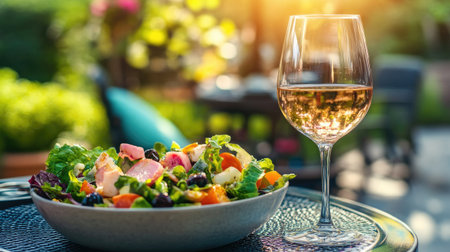 A refreshing salad served with a glass of wine in a sunny outdoor setting, capturing a vibrant dining experience perfect for summer gatherings.の素材