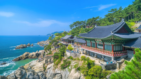 A stunning view of a traditional temple perched on a cliff, overlooking a clear blue ocean. Perfect for travel and nature enthusiasts seeking serene coastal scenery.の素材