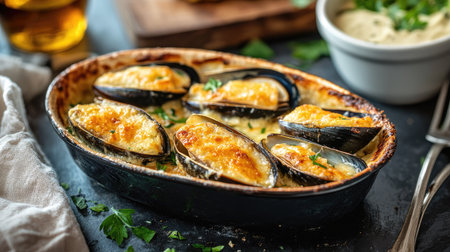 This image features baked mussels topped with cheese and herbs in a stylish dish, perfect for a gourmet meal or special occasion.の素材