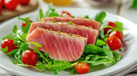 A vibrant plate featuring fresh tuna slices atop a bed of arugula, garnished with cherry tomatoes, perfect for a healthy meal or gourmet dining.の素材