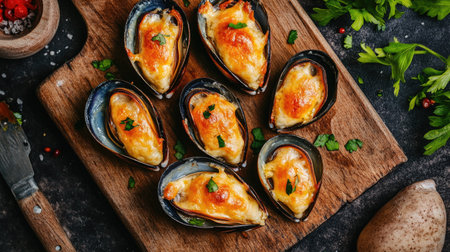 Indulge in these delicious baked mussels topped with melted cheese and fresh herbs. Perfect as an appetizer or a gourmet main dish, these mussels are a treat for seafood lovers.の素材