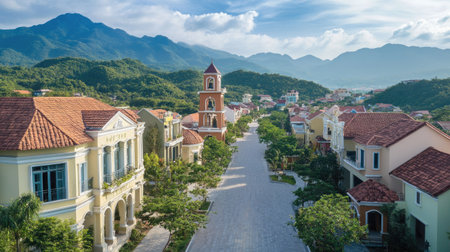 Captivating aerial view of a picturesque village nestled among majestic mountains, showcasing charming houses and lush greenery, perfect for nature lovers.の素材