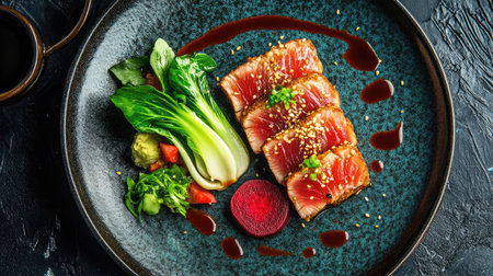 A stunning gourmet dish featuring exquisite slices of fish, fresh vegetables, and rich sauce, beautifully plated for an elegant dining experience.の素材