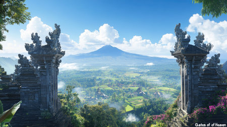 Experience the breathtaking view from the Gates of Heaven in Bali, featuring lush greenery, majestic mountains, and a serene sky. Perfect for travel enthusiasts.の素材