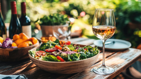 A vibrant salad bowl accompanied by a glass of wine on a rustic table, set in a lush garden, perfect for summer dining and outdoor gatherings.の素材