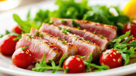 A beautifully plated fresh tuna steak served with cherry tomatoes and greens. This vibrant dish showcases exquisite culinary presentation ideal for gourmet meals.の素材