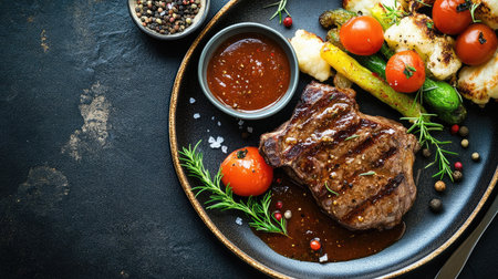 A delicious grilled steak served with fresh vegetables, tomatoes, and a savory sauce, perfect for a gourmet dinner or restaurant dish.の素材