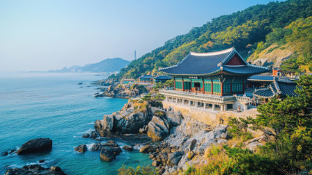 A tranquil temple by the rocky coastline, surrounded by natural beauty and mountains, perfect for peaceful retreats and cultural explorations.の素材