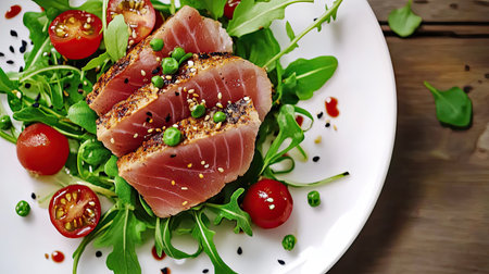 A beautifully arranged plate featuring seared tuna slices atop fresh greens and cherry tomatoes, perfect for a gourmet dining experience.の素材