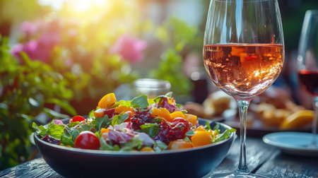 A vibrant outdoor scene featuring a fresh salad and a glass of wine, beautifully illuminated by golden sunlight in a garden setting, perfect for summer dining.の素材