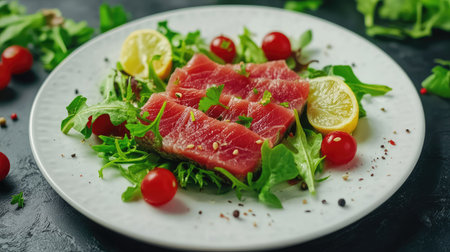 Discover a vibrant dish featuring fresh tuna slices served on a bed of greens, garnished with cherry tomatoes and lemon slices, perfect for a healthy meal.の素材